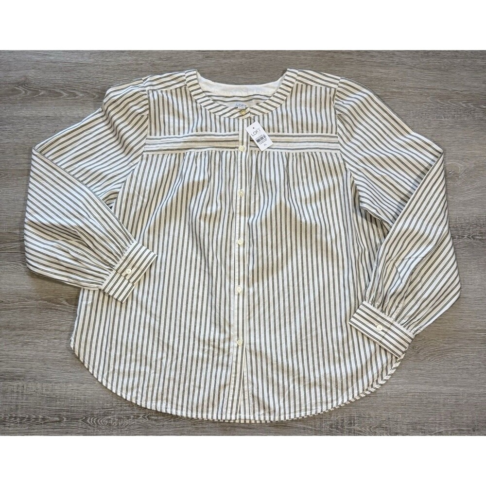 NWT Loft Womens Striped Button-Down Blouse Size XL Cotton Gray Gold Metallic